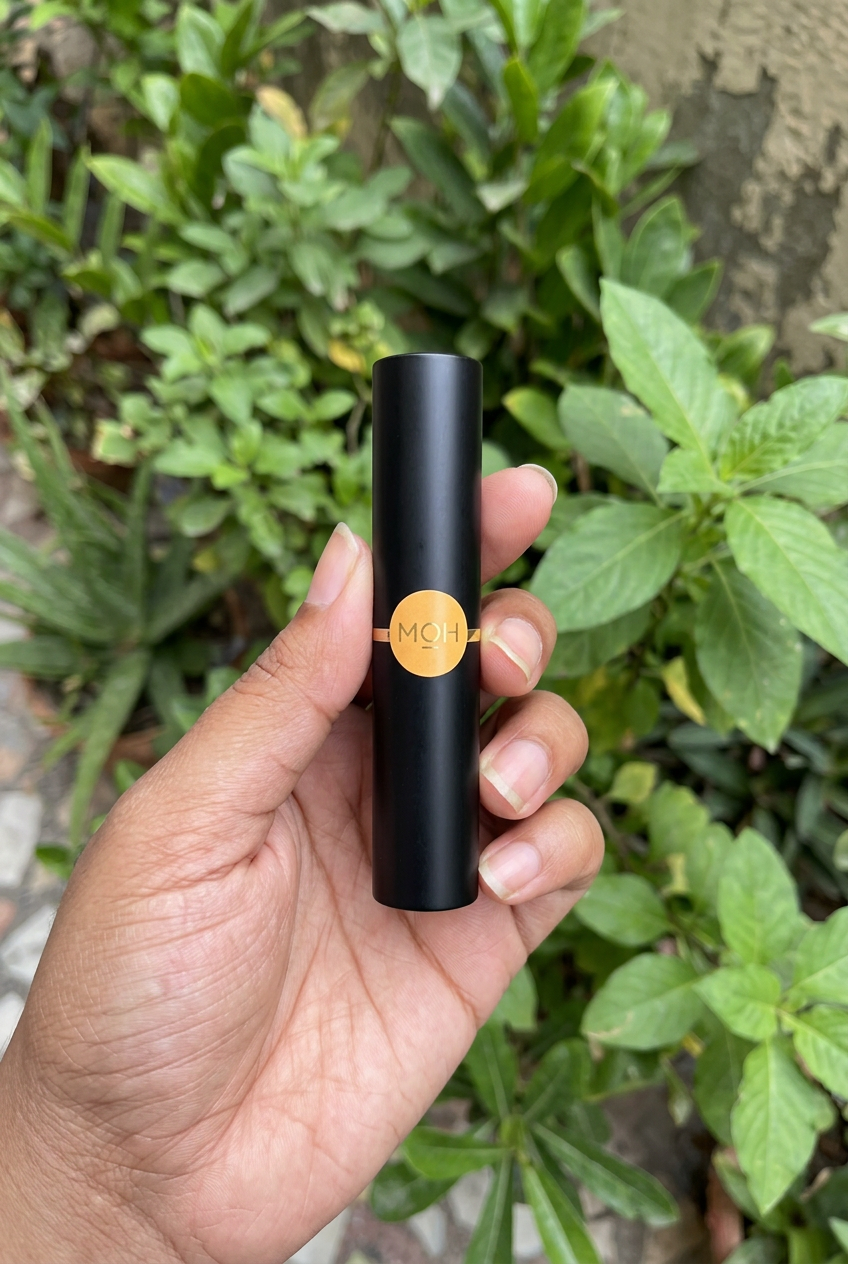 Lip Calm held between two fingers with green plants behind
