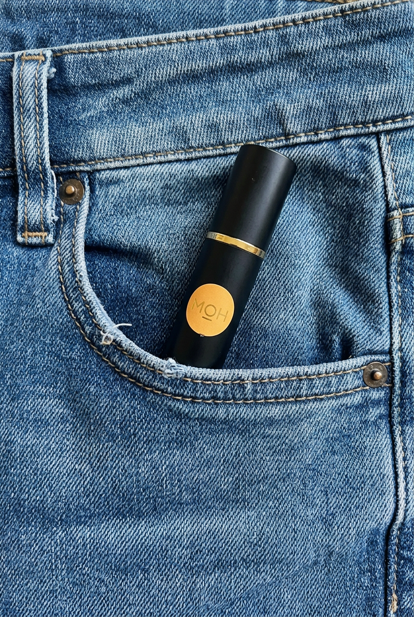 Lip Calm peeking out of a blue jeans pocket