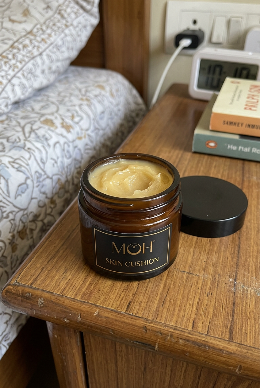 Open Skin Cushion jar showing golden-cream balm