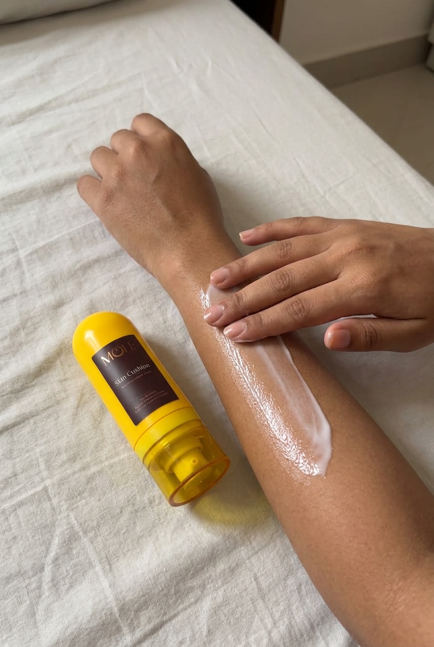 Skin Cushion forearm application on a bed sheet