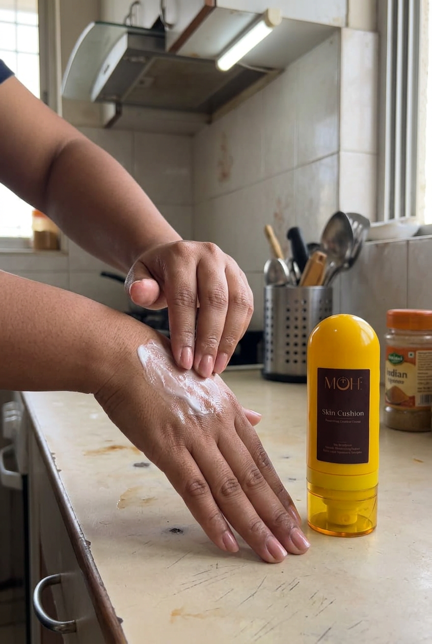 Skin Cushion hand application on a kitchen counter