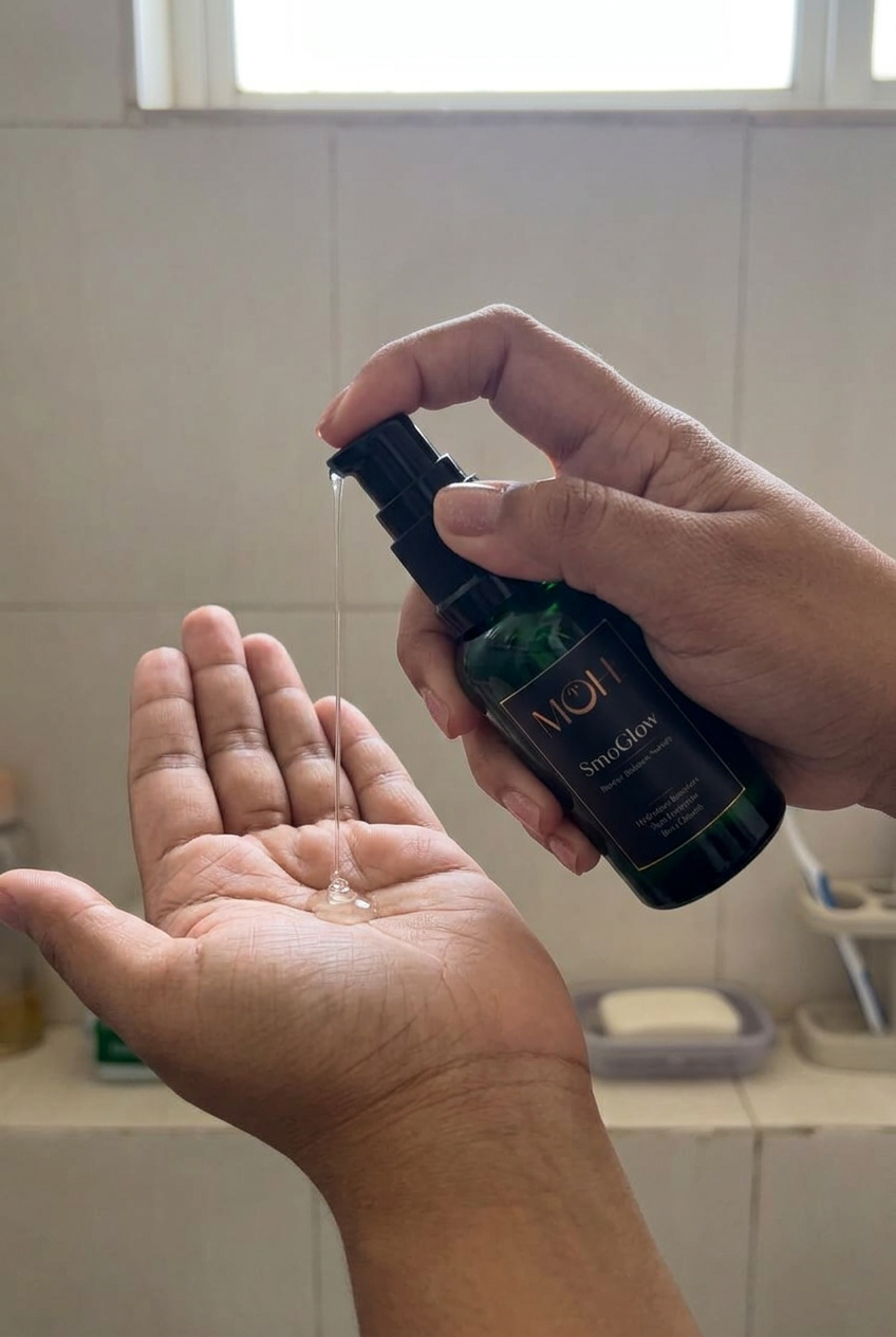 SmoGlow pump dispensing clear serum into an open palm over a bathroom shelf
