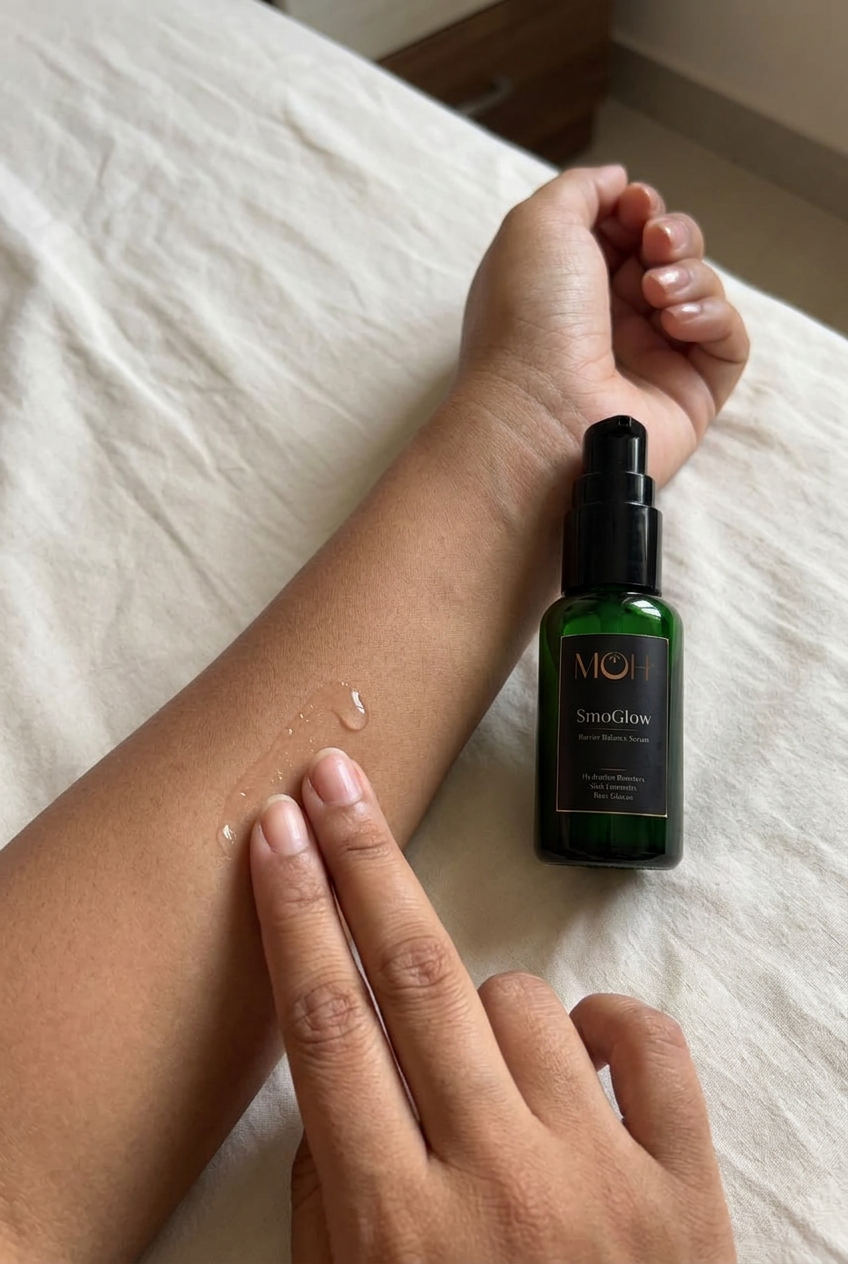 SmoGlow serum pressed into a forearm beside the bottle on a bed sheet