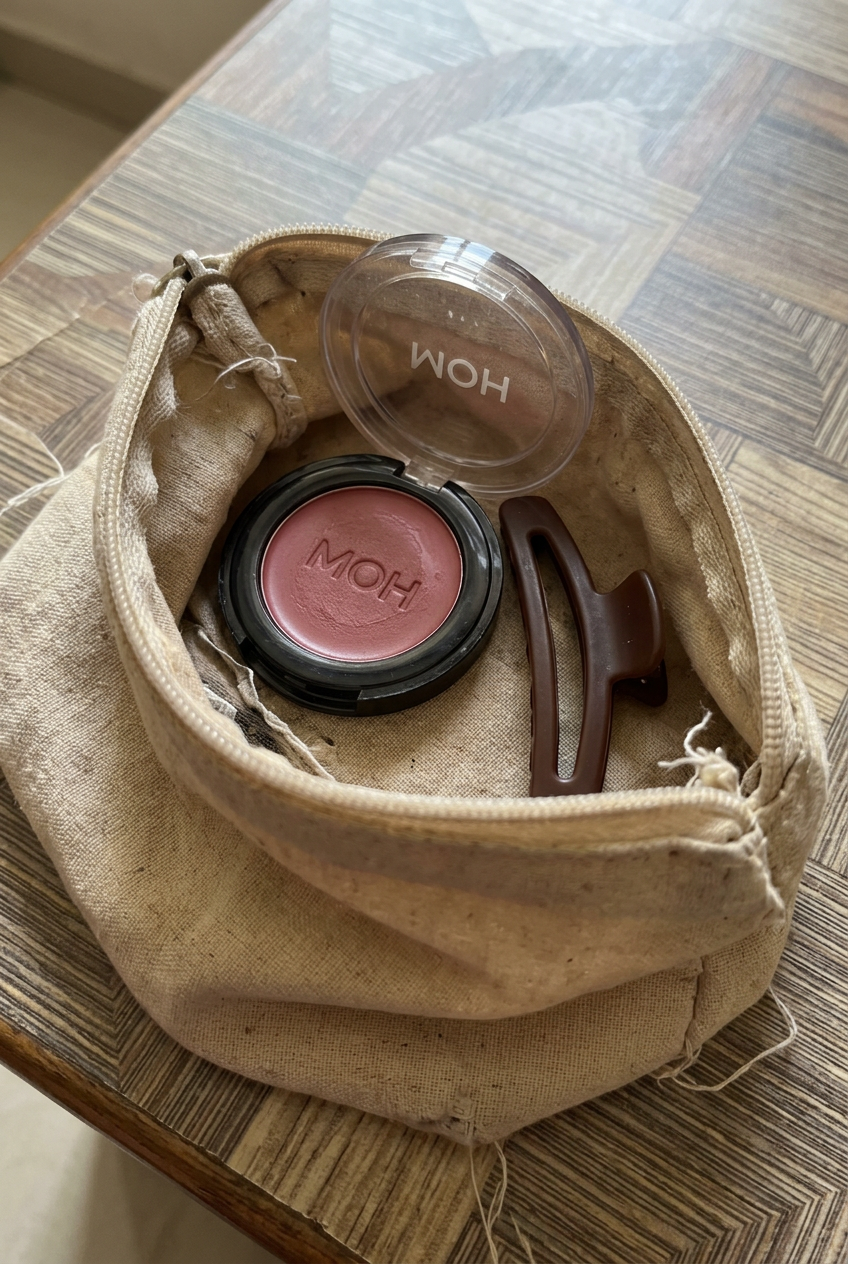 Vintage compact in a cotton makeup pouch